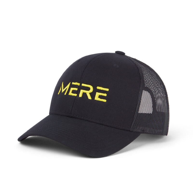 a black trucker cap with mere written in yellow embroidery