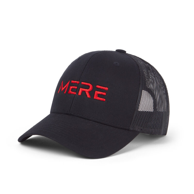 a black trucker cap with mere written in red embroidery