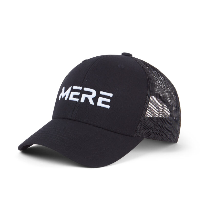 a black trucker cap with mere written in white embroidery