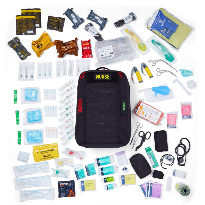 nurse response bag in black showing all the equipment inside