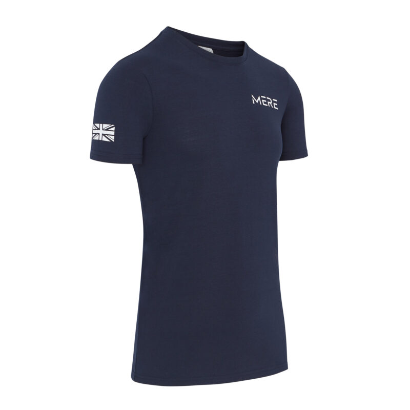 the front of meres dark blue t-shirt