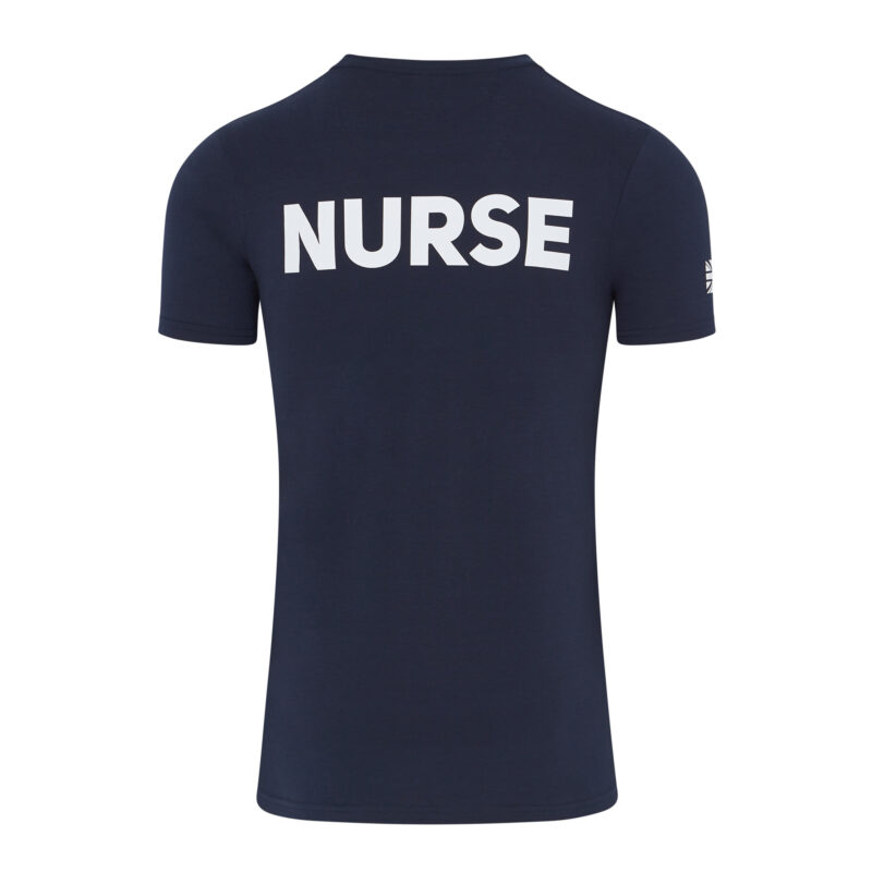 the back of a dark blue t shirt with the word nurse written on the back in white letters