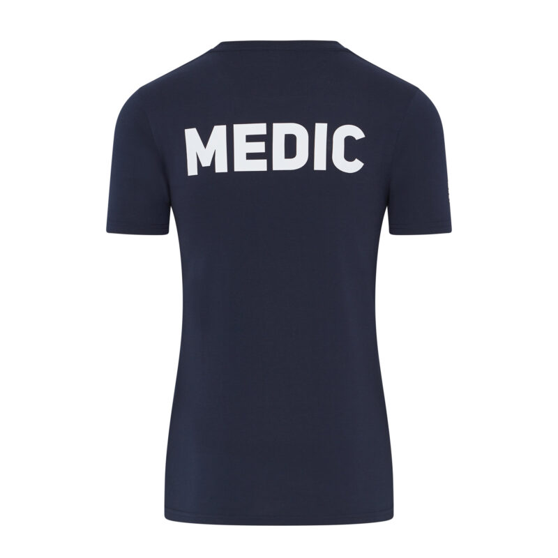 the back of a dark blue t shirt with the word medic written on the back in white letters